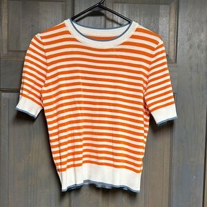 Orange and White Striped Short Sleeve Sweater